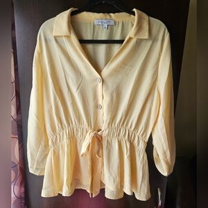 Sweet Rain Yellow Button-Front Peplum Waist Blouse Size XL